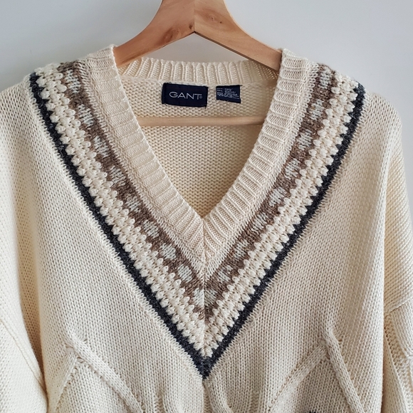 Vintage Gant Cream Knit V-Neck Sweater Size L - Picture 4 of 8
